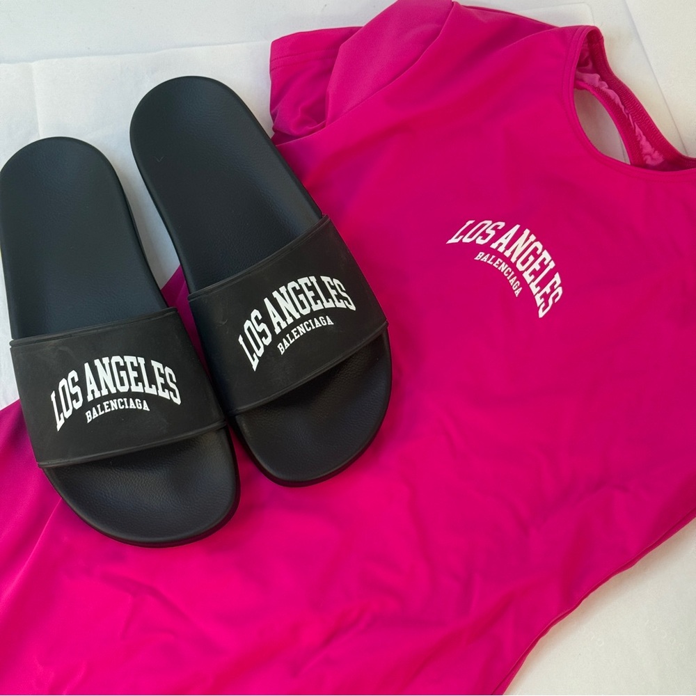 Balenciaga Summer bundle Fuchsia swimsuit Medium and Black Slides 38EU - 8 US